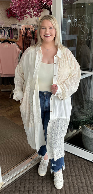 Oli & Hali Ecru Patch Lace Button Up Long Shacket Top Kimono