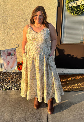 Ivory Vintage Floral Linen Blend Smock Back Midi Sundress