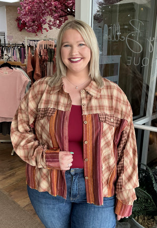 Oli & Hali Burgundy Washed Plaid & Stripe Mix Shacket Top