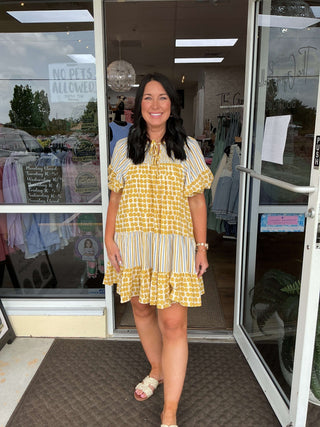 Umgee Honey Gold Dot & Blue Stripe Tiered Dress - Stylish women's fashion, perfect for casual or summer outings.