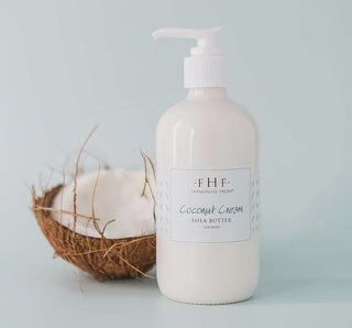 FarmHouse Fresh Coconut Cream Shea Butter in jar with spoon, nourishing hydration and tropical scent, 8 oz.