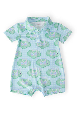 Light blue polo shortall with green golf cart and checkered pattern for infants.

