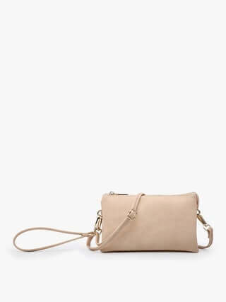 Light peach crossbody faux leather organizer purse with gold accents and adjustable strap, perfect for stylish organization.