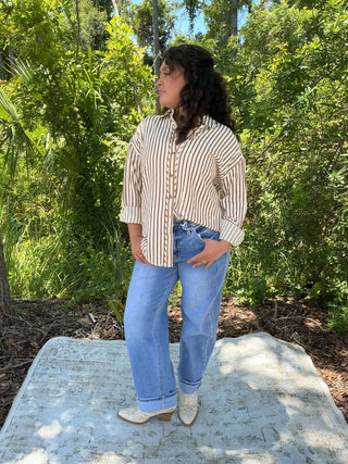 Light blue textured stripe long sleeve button-down shirt with a relaxed fit