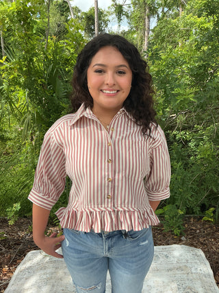 Light blue and white striped button-up top with a ruffle hem and short sleeves