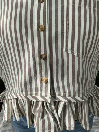 Light blue and white striped button-up top with a ruffle hem and short sleeves
