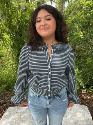 Lightweight denim knit cardigan with stripes and button front detail