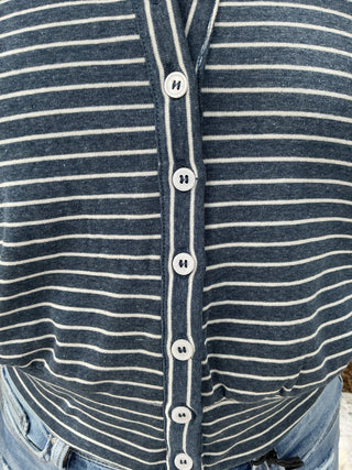Lightweight denim knit cardigan with stripes and button front detail