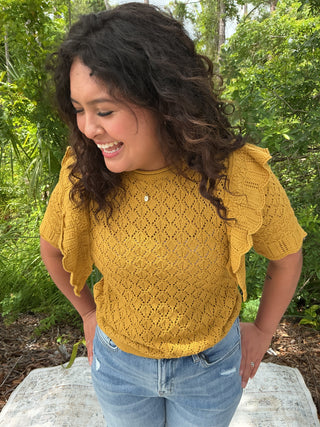 Light pink pointelle knit top with ruffle sleeves and a relaxed fit