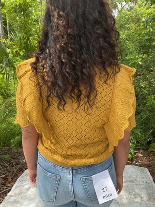 Light pink pointelle knit top with ruffle sleeves and a relaxed fit