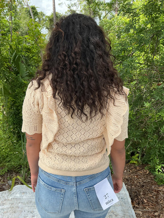 Light pink pointelle knit top with ruffle sleeves and a relaxed fit
