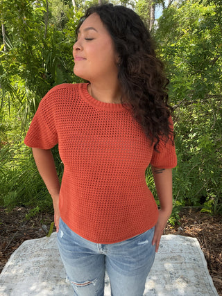 Light gray waffle knit short sleeve sweater with a relaxed boxy fit