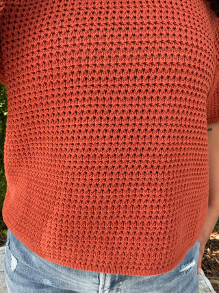 Light gray waffle knit short sleeve sweater with a relaxed boxy fit