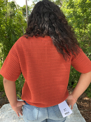 Light gray waffle knit short sleeve sweater with a relaxed boxy fit
