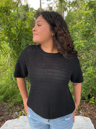 Light gray waffle knit short sleeve sweater in a relaxed boxy fit