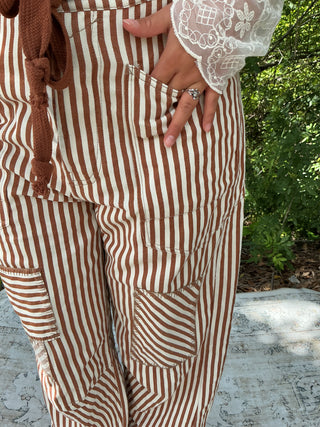 Caramel stripe gypsy fit drawstring pants with a relaxed silhouette and wide legs