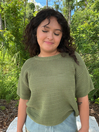 Light gray waffle knit short sleeve sweater with a relaxed boxy fit