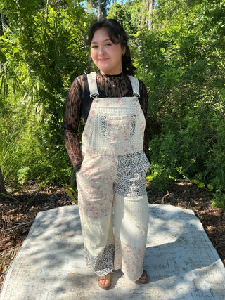 POL Twill Overalls Cream w/ Floral & Animal Print