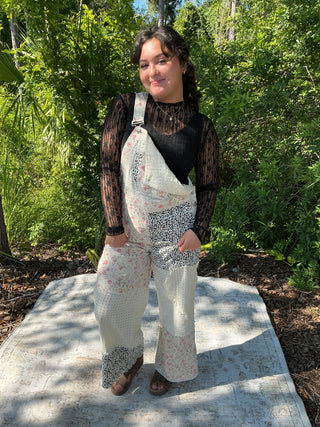 POL Twill Overalls Cream w/ Floral & Animal Print