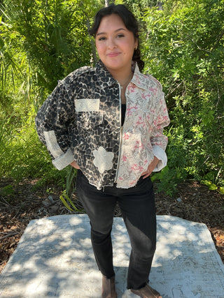 POL Leopard & Floral Zipper Jacket w/ Crochet Accents