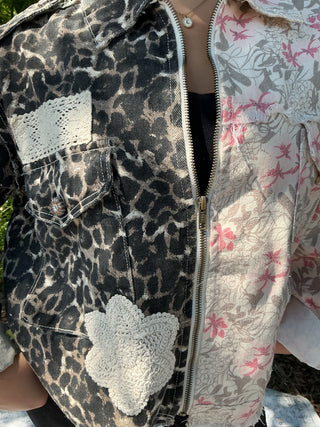 POL Leopard & Floral Zipper Jacket w/ Crochet Accents