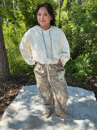 POL Beige Camo Patchwork Jogger w/ Ivory Crochet Patches
