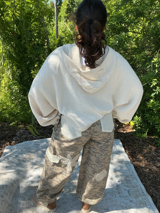 POL Beige Camo Patchwork Jogger w/ Ivory Crochet Patches