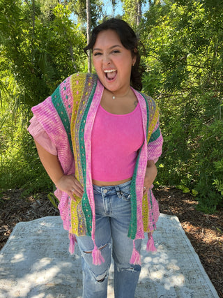 POL Ruffle Trim Sleeveless Cardigan Top in Striped Patterns (2 COLORS)