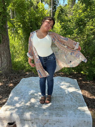 POL Taupe Patchwork Print Long Slv Duster Top w/ Rust & Blue Accents