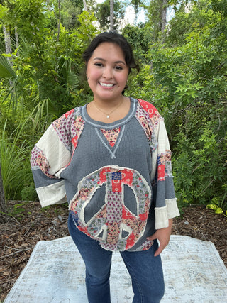 POL Charcoal Peace Long Slv Patchwork Top
