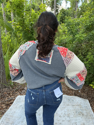 POL Charcoal Peace Long Slv Patchwork Top