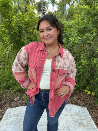 POL Dusty Red Shacket Top w/ Floral Contrast in French Terry