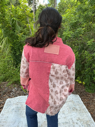 POL Dusty Red Shacket Top w/ Floral Contrast in French Terry