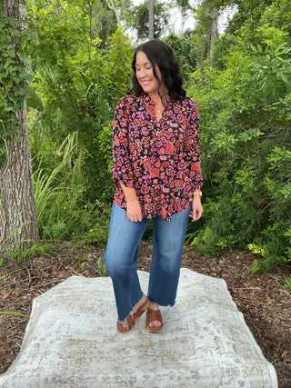 Dear Scarlett Black & Coral Print Lizzy Top