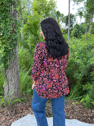 Dear Scarlett Black & Coral Print Lizzy Top