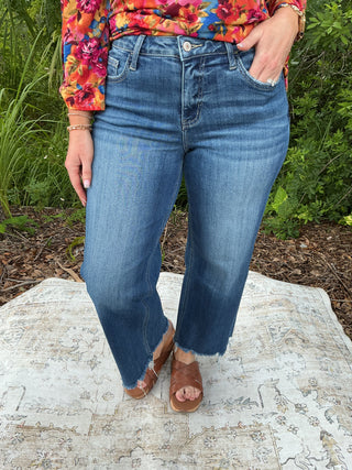 Lovervet LV1246 Mid Rise Wide Leg Crop Raw Hem Jeans
