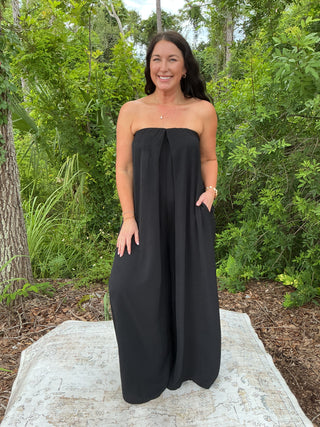 Bucketlist Black Strapless Flowy Wide Leg Jumpsuit Romper