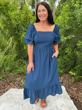 A & She Navy Textured Puff Sleeve Midi Dress