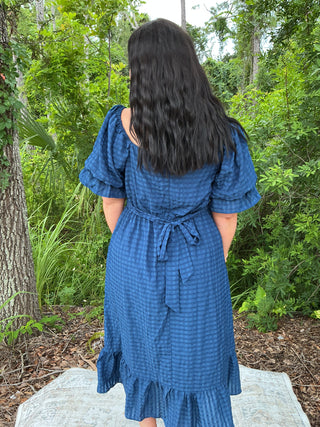 A & She Navy Textured Puff Sleeve Midi Dress