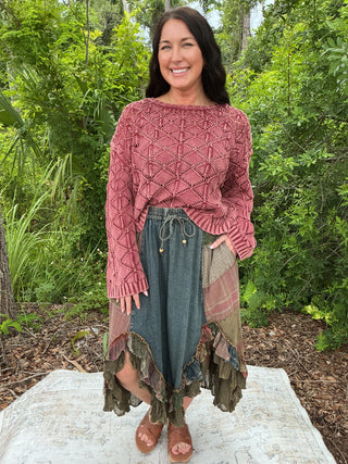 Young Threads Western Boho Patch Ruffled Midi Skirt