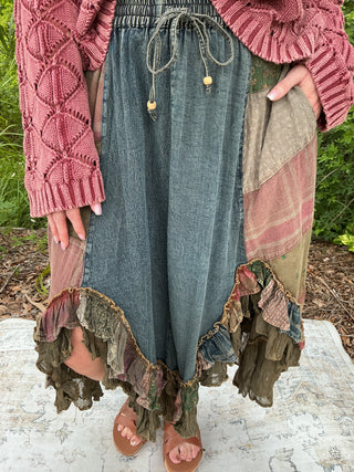 Young Threads Western Boho Patch Ruffled Midi Skirt