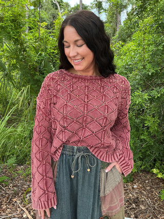 Adora Mineral Wash Diamond Pattern Crochet Sweater Top (2 COLORS)