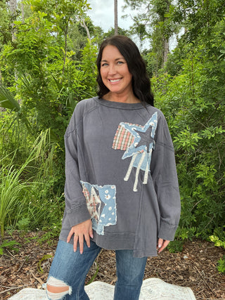 Blue Velvet Star Patchwork Long Sleeve Top