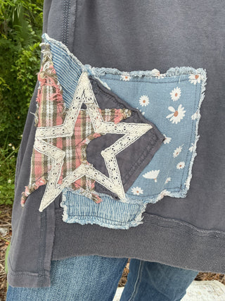Blue Velvet Star Patchwork Long Sleeve Top