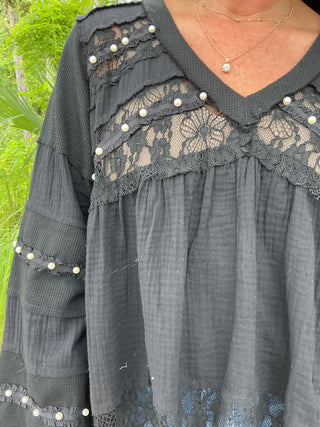 POL Ruffle Trim Lace Detail Long Slv Top (3 COLORS)