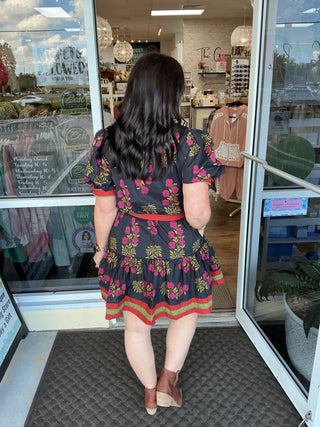 Entro Midnight Blue Floral Pattern Short Dress w/ Puff Sleeve
