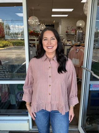 Oddi Striped Button Top w/ Drop Shoulders & High Low Hem (2 COLORS)