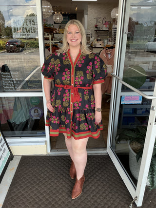 Entro Midnight Blue Floral Pattern Short Dress w/ Puff Sleeve