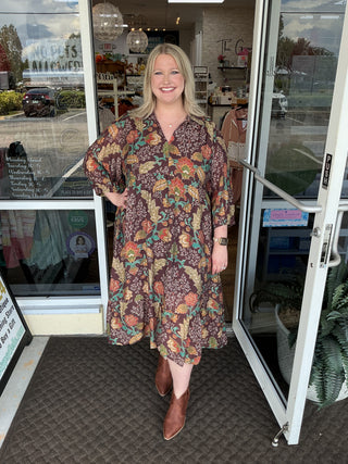 Umgee Brown Mix Floral Collared Midi Dress