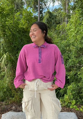 Easel Rib Knit Orchid Mineral Wash Pullover Top w/ Inidgo Accents